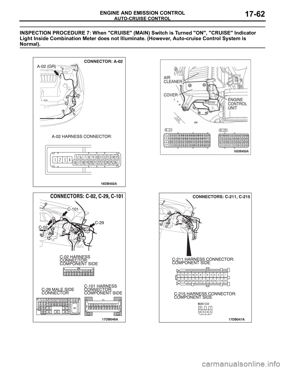MITSUBISHI 380 2005  Workshop Manual AUTO-CRUISE CONTROL
ENGINE AND EMISSION CONTROL17-62
INSPECTION PROCEDURE 7: When "CRUISE" (MAIN) Switch is Turned "ON", "CRUISE" Indicator 
Light Inside Combination Meter does