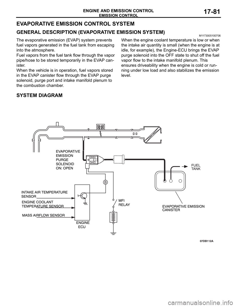 MITSUBISHI 380 2005  Workshop Manual EMISSION CONTROL
ENGINE AND EMISSION CONTROL17-81
EVAPORATIVE EMISSION CONTROL SYSTEM
GENERAL DESCRIPTION (EVAPORATIVE EMISSION SYSTEM)M1173005100706
The evaporative emission (EVAP) system prevents 
f
