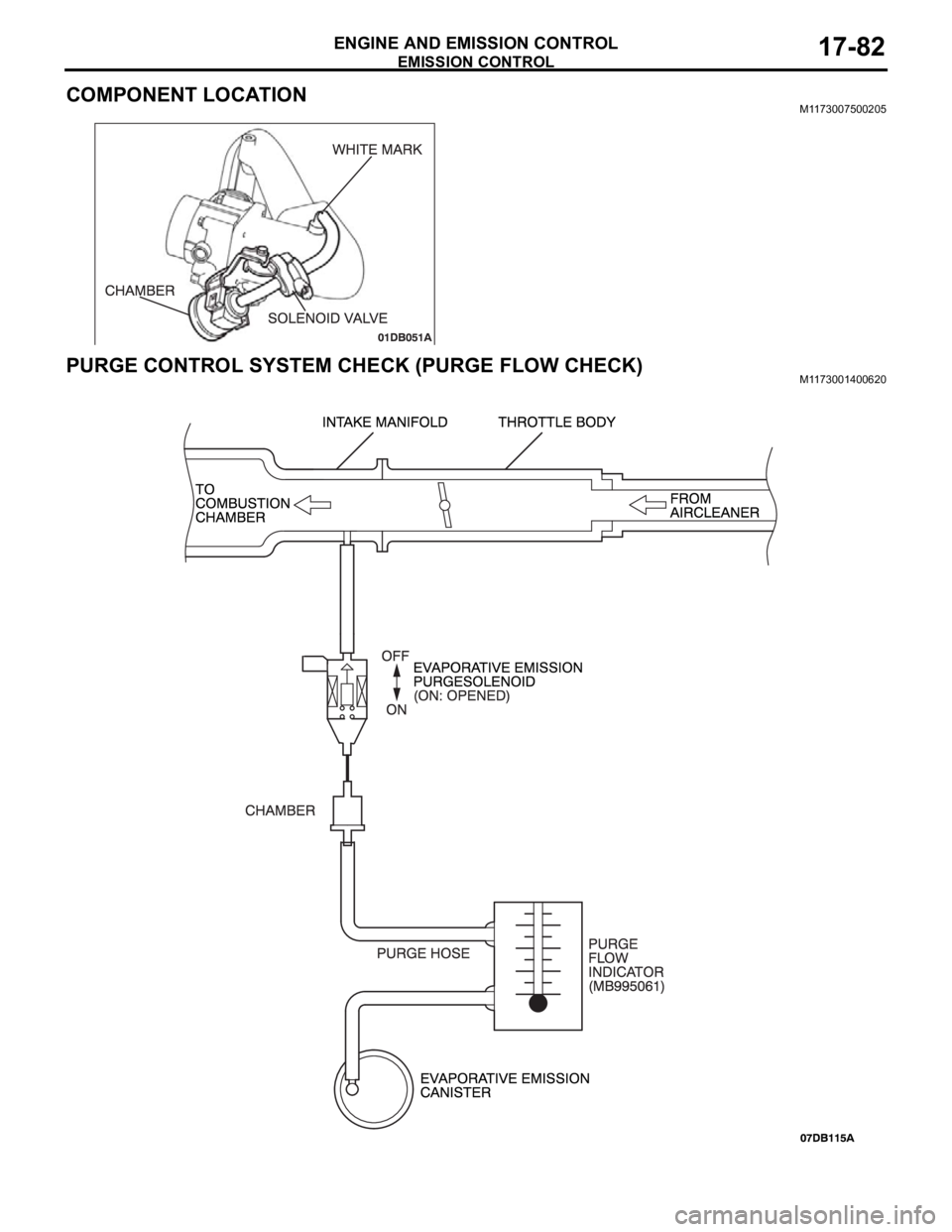 MITSUBISHI 380 2005  Workshop Manual EMISSION CONTROL
ENGINE AND EMISSION CONTROL17-82
COMPONENT LOCATIONM1173007500205
PURGE CONTROL SYSTEM CHECK (PURGE FLOW CHECK)M1173001400620 