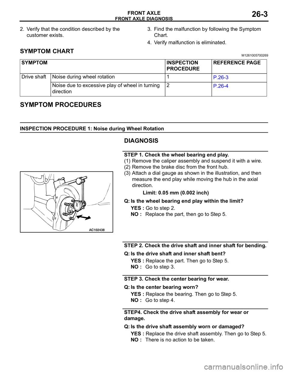 MITSUBISHI 380 2005 Workshop Manual FRONT AXLE DIAGNOSIS
FRONT AXLE26-3
2. Verify that the condition described by the
customer exists.3. Find the malfunction by following the Symptom
Chart.
4. Verify malfunction is eliminated.
SYMPTOM MITSUBISHI 380 2005 Workshop Manual FRONT AXLE DIAGNOSIS
FRONT AXLE26-3
2. Verify that the condition described by the
customer exists.3. Find the malfunction by following the Symptom
Chart.
4. Verify malfunction is eliminated.
SYMPTOM