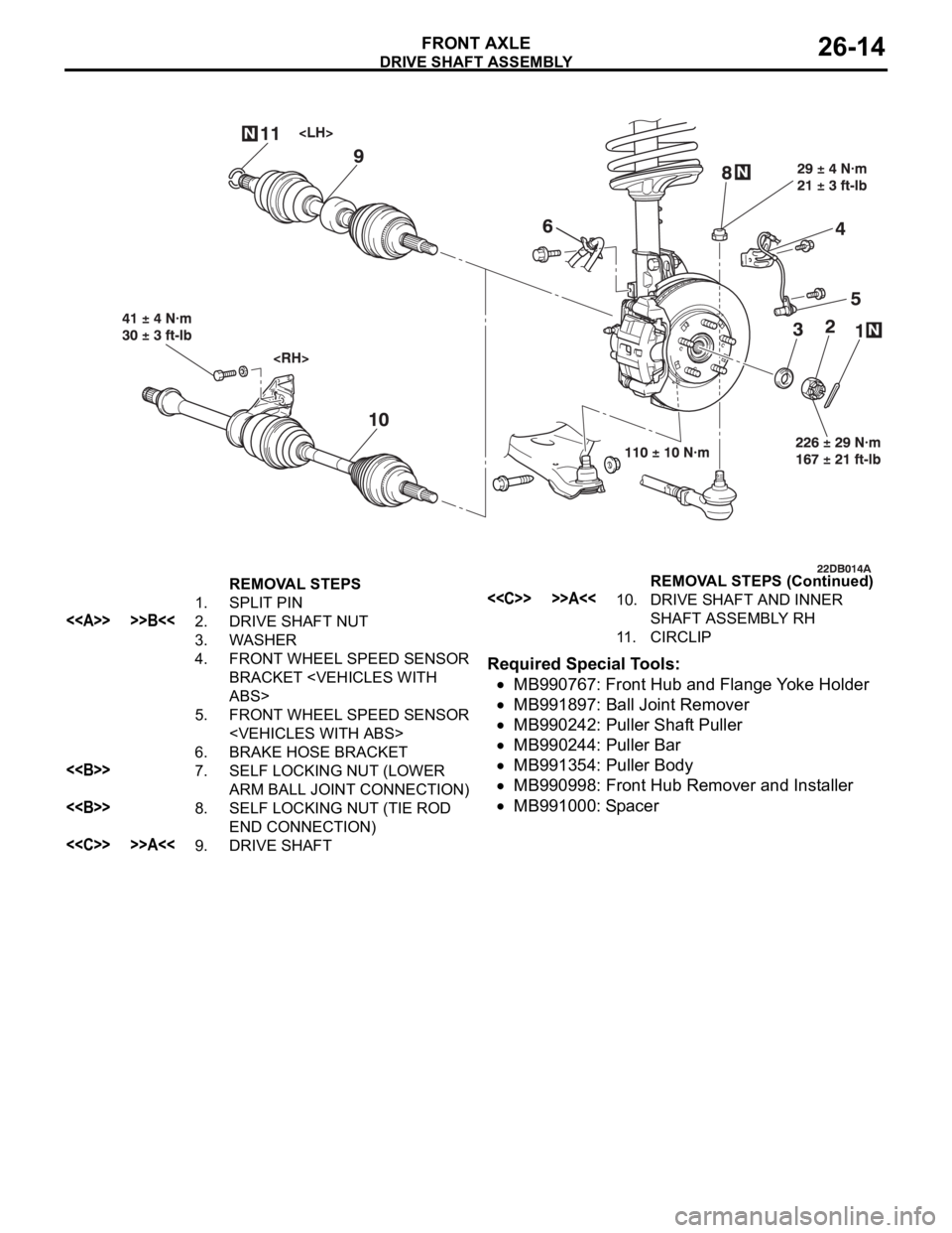 MITSUBISHI 380 2005  Workshop Manual DRIVE SHAFT ASSEMBLY
FRONT AXLE26-14
Required Special Tools:
MB990767: Front Hub and Flange Yoke Holder
MB991897: Ball Joint Remover
MB990242: Puller Shaft Puller
MB990244: Puller Bar
MB991354: Puller