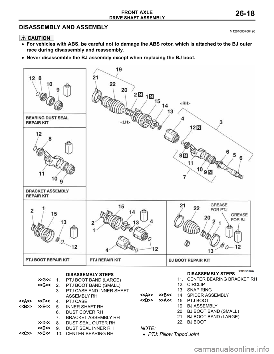 MITSUBISHI 380 2005  Workshop Manual DRIVE SHAFT ASSEMBLY
FRONT AXLE26-18
DISASSEMBLY AND ASSEMBLYM1261003700490
For vehicles with ABS, be careful not to damage the ABS rotor, which is attached to the BJ outer 
race during disassembly an