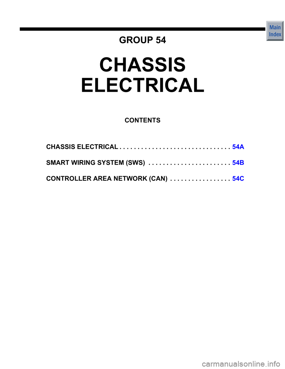 MITSUBISHI COLT 2006  Service Repair Manual GROUP 54
CHASSIS 
ELECTRICAL
CONTENTS
CHASSIS ELECTRICAL . . . . . . . . . . .  . . . . . . . . . . . . . . . . . . . .54A
SMART WIRING SYSTEM (SWS)  . . . . .  . . . . . . . . . . . . . . . . . .54B
