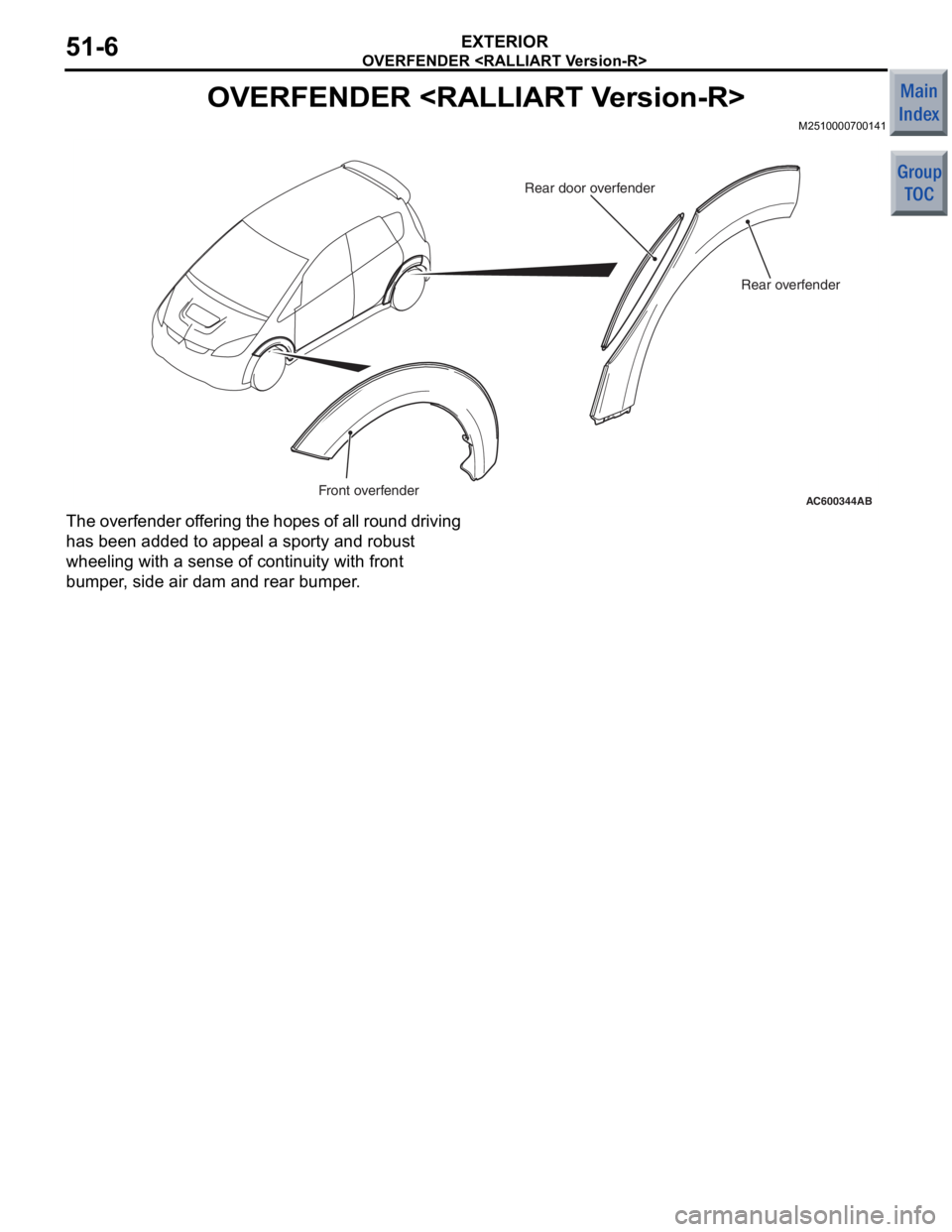 MITSUBISHI COLT 2006  Service Repair Manual 
OVERFENDER <RALLIART Version-R>
EXTERIOR51-6
OVERFENDER <RALLIART Version-R>
M2510000700141
AC600344ABFront overfenderRear overfender
Rear door overfender
T
he o v erf ende r of f e rin g  th e ho pe