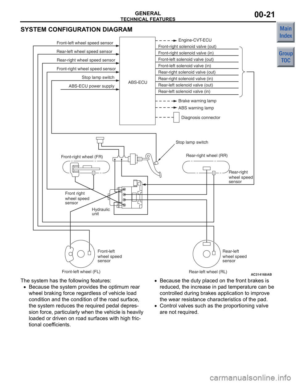 MITSUBISHI COLT 2006 Service Repair Manual
TECHNICAL FEATURES
GENERAL00-21
SYSTEM CONFIGURATION DIAGRAM
AC314168
Stop lamp switch
Front-right wheel speed sensor Rear-right wheel speed sensor
Rear-left wheel speed sensor Front-left wheel speed MITSUBISHI COLT 2006 Service Repair Manual
TECHNICAL FEATURES
GENERAL00-21
SYSTEM CONFIGURATION DIAGRAM
AC314168
Stop lamp switch
Front-right wheel speed sensor Rear-right wheel speed sensor
Rear-left wheel speed sensor Front-left wheel speed
