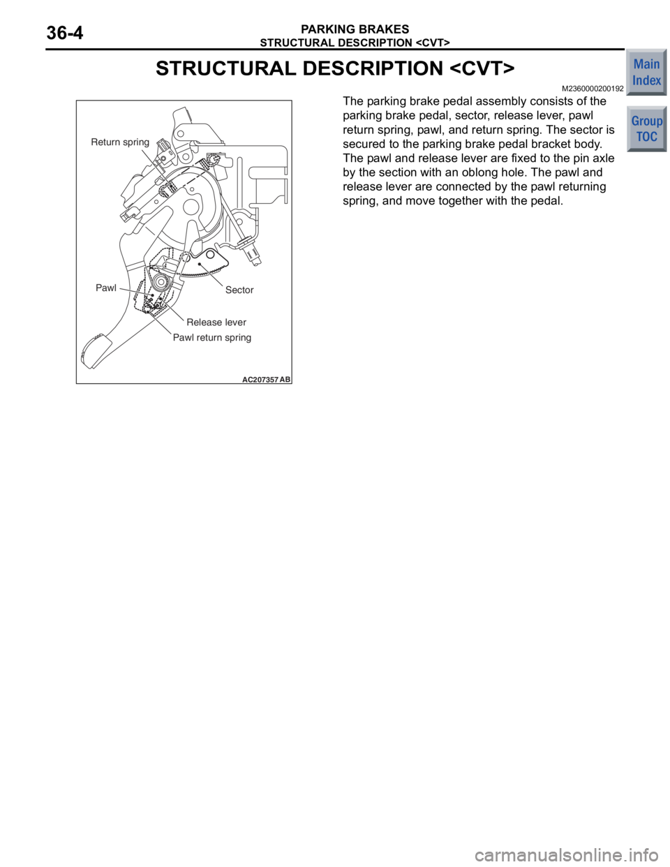 MITSUBISHI COLT 2006  Service Repair Manual 
STRUCTURAL DESCRIPTION <CVT>
PARKING BRAKES36-4
STRUCTURAL DESCRIPTION <CVT>
M2360000200192
AC207357AB
PawlSector
Release lever
Pawl return spring
Return spring
The pa rking b r ake  pedal assemb ly 