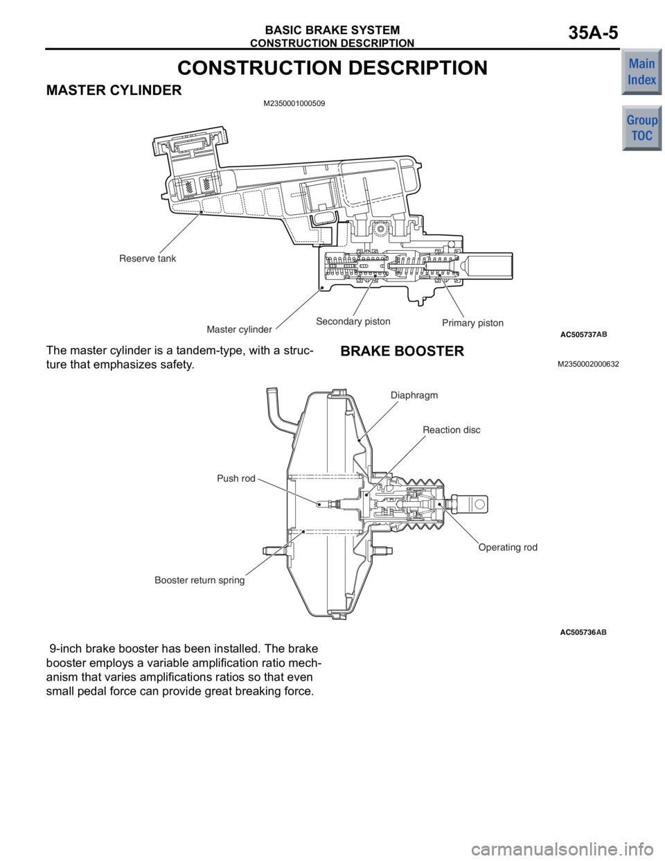 MITSUBISHI COLT 2006  Service Repair Manual 
CONSTRUCTION DESCRIPTION
BASIC BRAKE SYSTEM35A-5
CONSTRUCTION DESCRIPTION
MASTER CYLINDERM2350001000509
AC505737ABMaster cylinder
Reserve tank
Primary piston
Secondary piston
The master
 cylind e r i