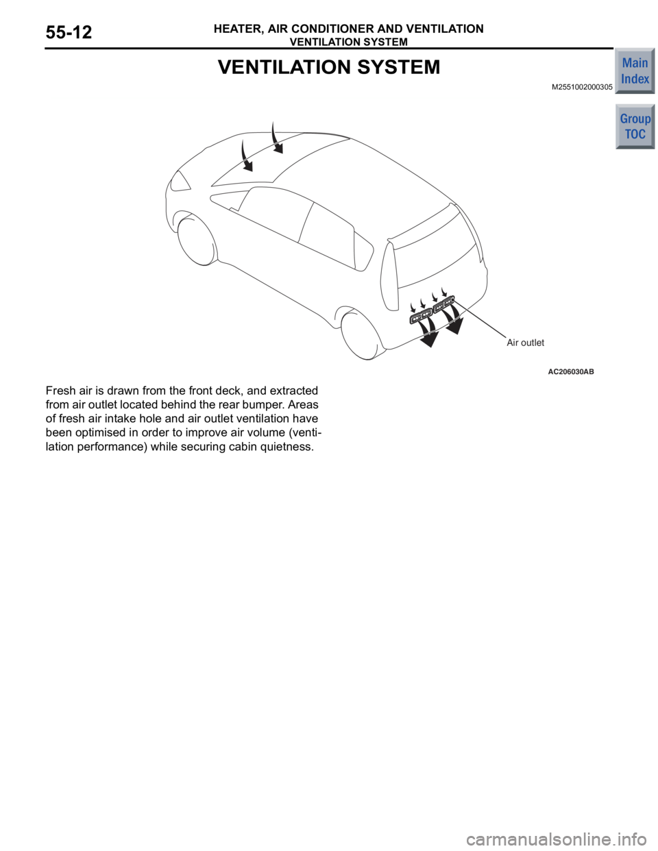 MITSUBISHI COLT 2006  Service Repair Manual 
VENTILATION SYSTEM
HEATER, AIR CONDITIONER AND VENTILATION55-12
VENTILATION SYSTEM
M2551002000305
AC206030AB
Air outlet
Fresh ai r is drawn fro m  the f r ont deck, a nd extracte d 
fro
m  air ou tle