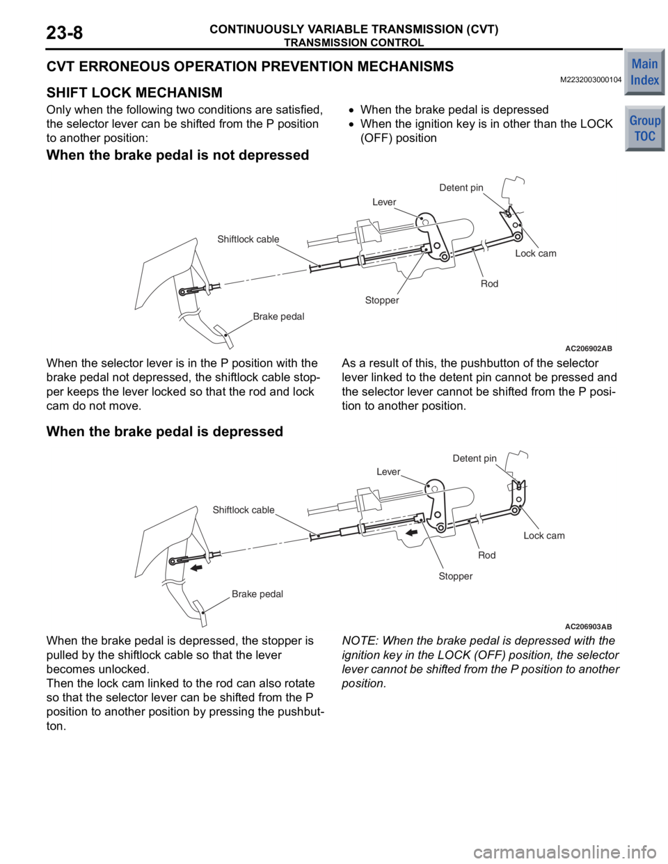 MITSUBISHI COLT 2006  Service Repair Manual 
TRANSMISSION CONTROL
CONTINUOUSLY VARIABLE TRANSMISSION (CVT)23-8
CVT ERRONEOUS OPERATION PREVENTION MECHANISMS
M2232003000104
SHIFT LOCK MECHANISM
Only when the following two conditions are satisfie