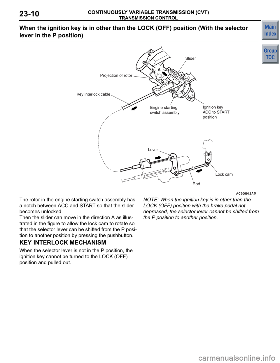 MITSUBISHI COLT 2006  Service Repair Manual 
TRANSMISSION CONTROL
CONTINUOUSLY VARIABLE TRANSMISSION (CVT)23-10
When the ignition key is in other than the LOCK (OFF) posi tion (With the selector 
lever in the P position)
AC206912 AB
A
Slider
Ig