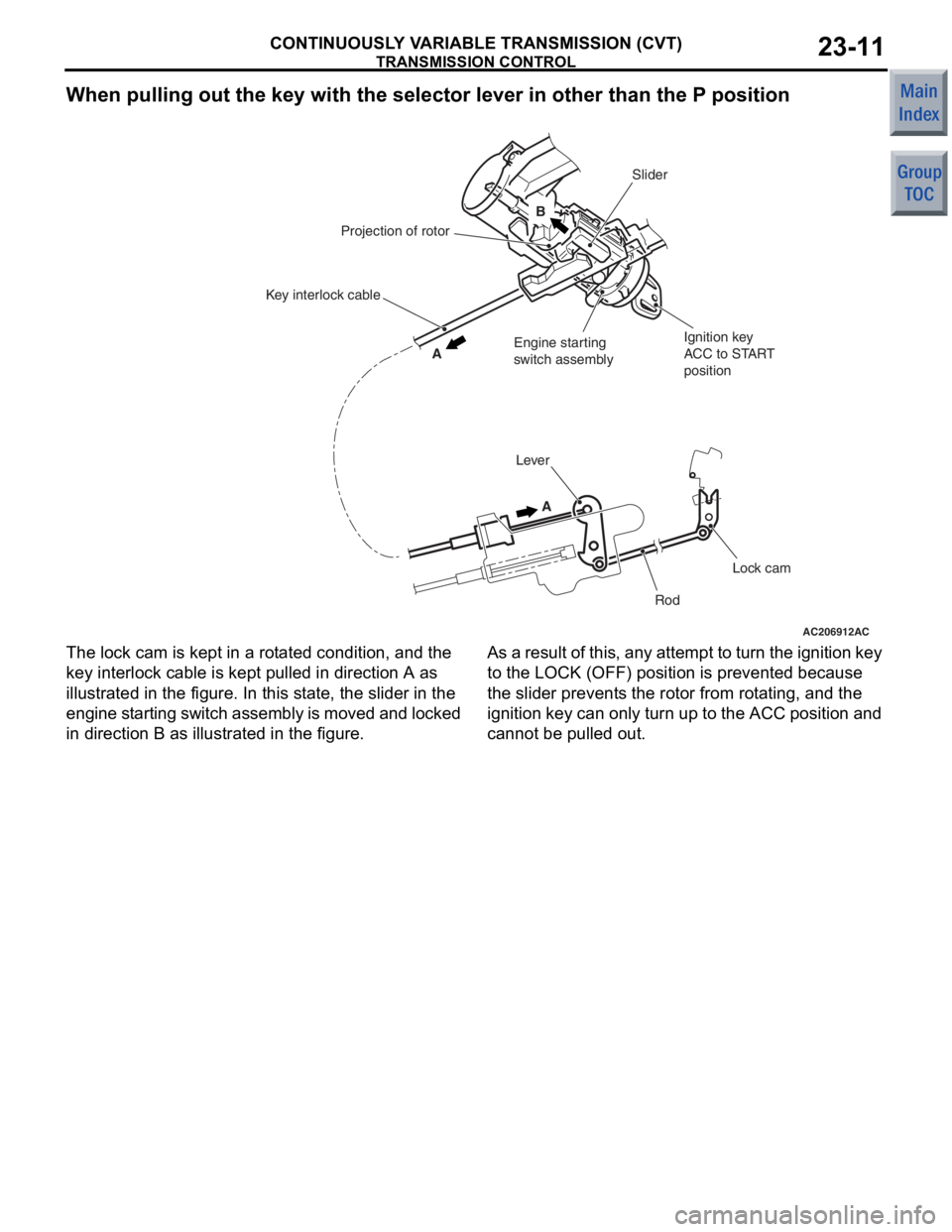 MITSUBISHI COLT 2006  Service Repair Manual 
TRANSMISSION CONTROL
CONTINUOUSLY VARIABLE TRANSMISSION (CVT)23-11
When pulling out the key with the selector lever in other than the P position
AC206912AC
B
A
A
Slider
Ignition key
ACC to START 
pos
