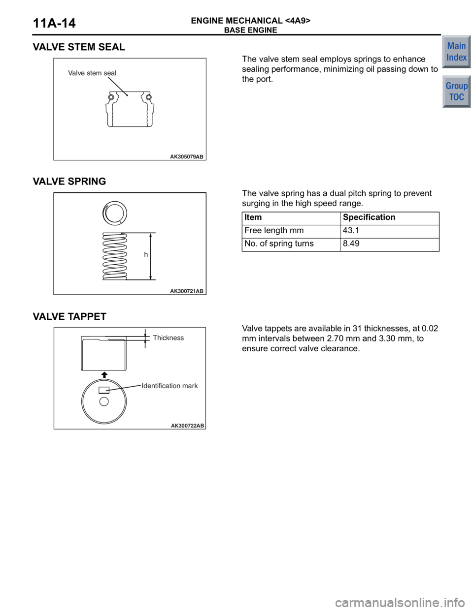 MITSUBISHI COLT 2006  Service Repair Manual 
BASE ENGINE
ENGINE MECHANICAL <4A9>11A-14
VALVE STEM SEAL
AK305079AB
Valve stem seal
The valve stem  seal e m ploys springs to enh ance  
sealing p
e rformance ,  min i mi zing oil p a ssing do wn  t