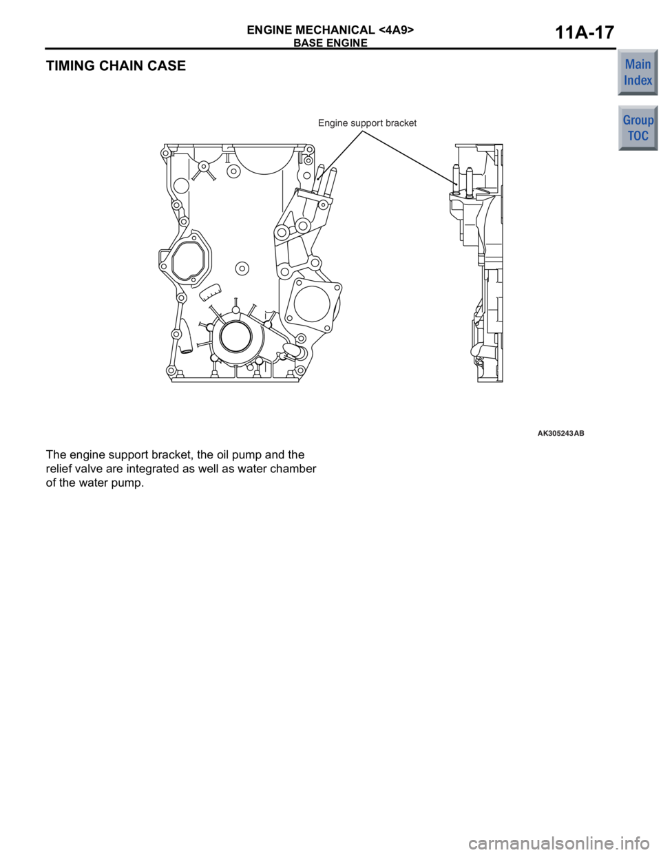MITSUBISHI COLT 2006  Service Repair Manual 
BASE ENGINE
ENGINE MECHANICAL <4A9>11A-17
TIMING CHAIN CASE
AK305243
Engine support bracket
AB
The engine supp ort bracket,  the oil pu mp a nd the 
relie
f valve  are in tegrate d  as  we ll as wate