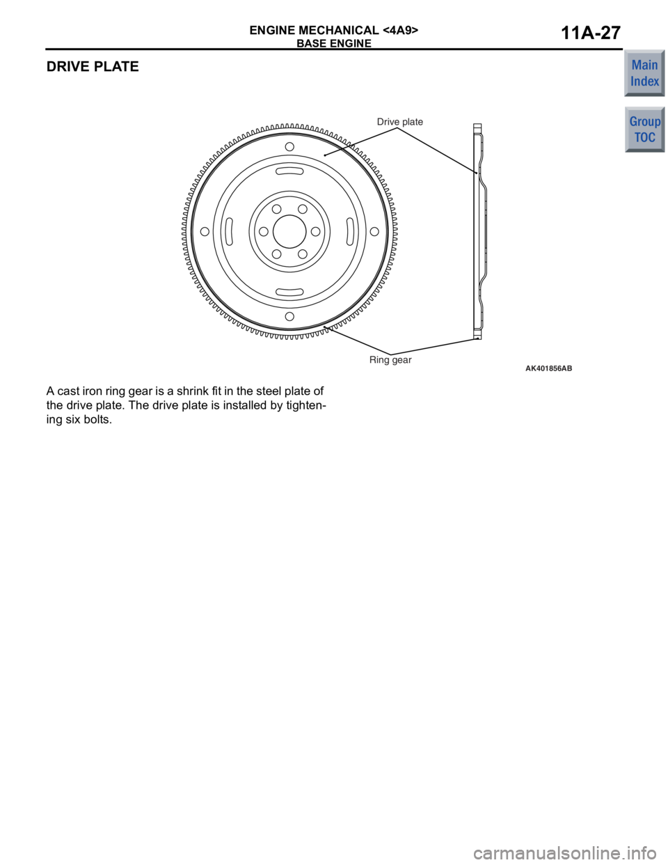 MITSUBISHI COLT 2006  Service Repair Manual 
BASE ENGINE
ENGINE MECHANICAL <4A9>11A-27
DRIVE PLATE
AK401856Ring gearDrive plateAB
A cast iron
 ring g ear is a shrin k  fit in th e ste e l plate o f  
the drive p
l ate.  The drive p l ate  is in