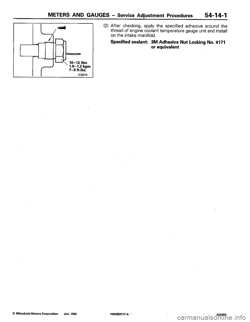 MITSUBISHI COLT 1992  Workshop Manual 