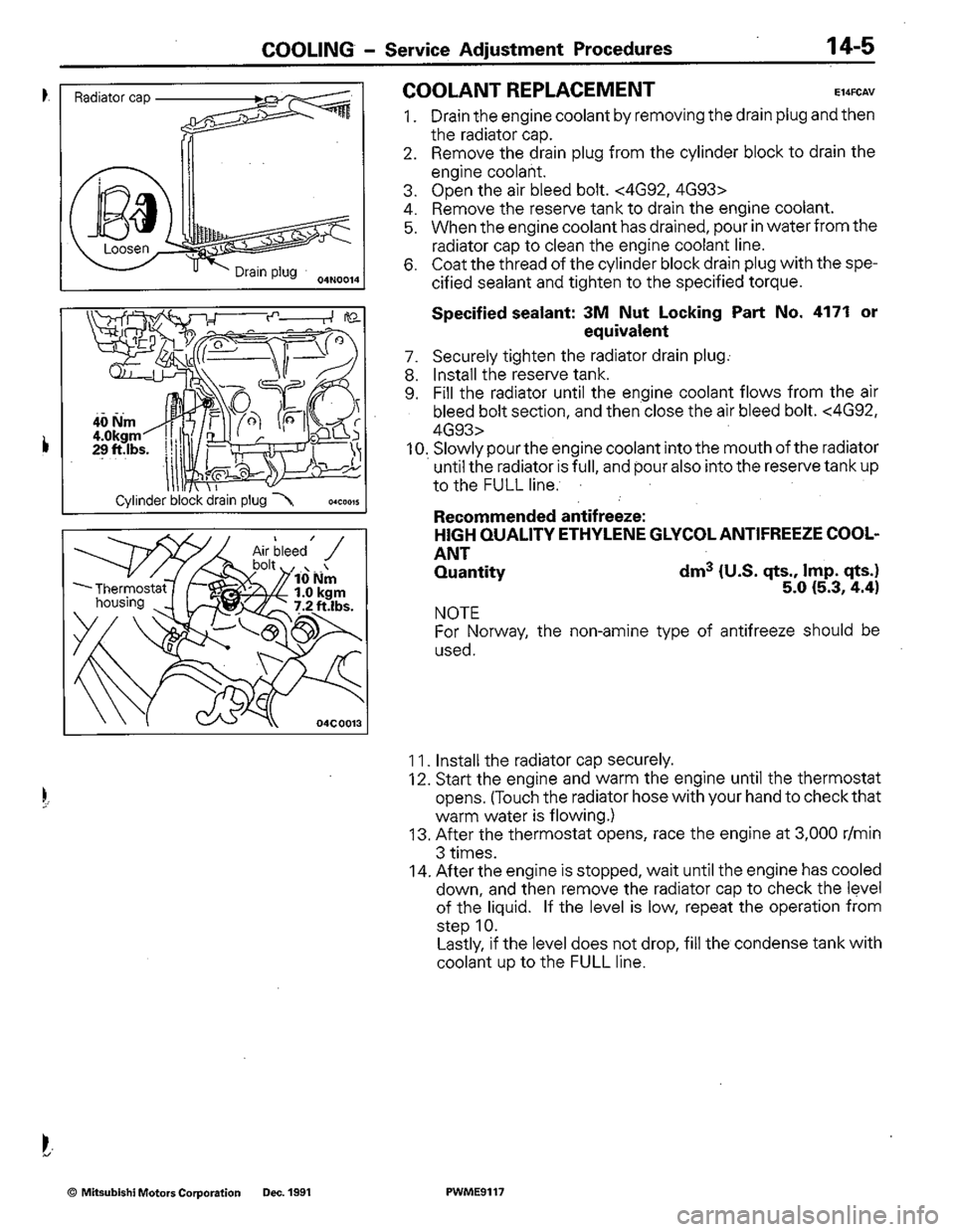 MITSUBISHI COLT 1992  Workshop Manual 