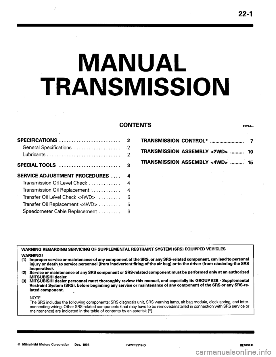 MITSUBISHI COLT 1992  Workshop Manual 