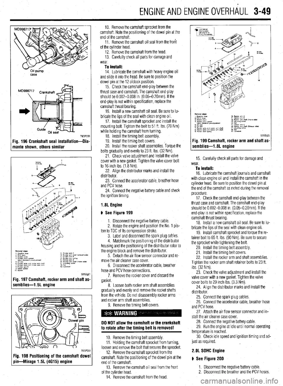 MITSUBISHI DIAMANTE 1900 Repair Manual ENGINEANDENGINEOVERHAUL 3-49
011 pump
MS8
7923PG51 Fig. 196 Crankshaft seal installation-Dia
mante shown, others similar
:ig. 197 Camshaft, rocker arm and shaft as
remblies-1.5L engine
7923PG5 MITSUBISHI DIAMANTE 1900 Repair Manual ENGINEANDENGINEOVERHAUL 3-49
011 pump
MS8
7923PG51 Fig. 196 Crankshaft seal installation-Dia
mante shown, others similar
:ig. 197 Camshaft, rocker arm and shaft as
remblies-1.5L engine
7923PG5