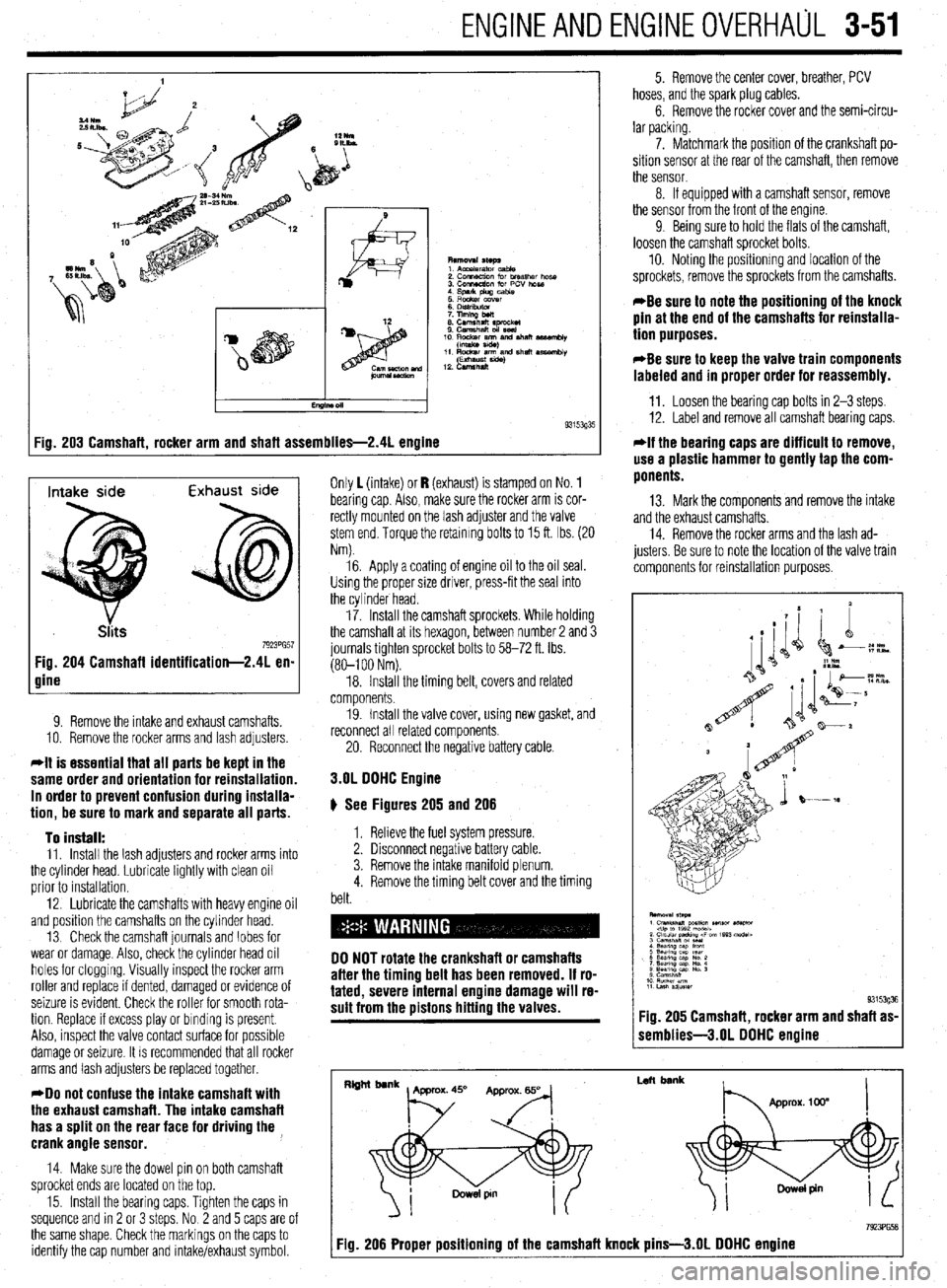 MITSUBISHI DIAMANTE 1900 Repair Manual ENGlNEANDENGlNEOVERHALiL 3-51
:ig. 203 Camshaft, rocker arm and shaft assemblies-2.41 engine 9315393
Intake side Exhaust side
7923PG57 Fig. 204 Camshaft identification-2.41 en-
gine
9. Remove th MITSUBISHI DIAMANTE 1900 Repair Manual ENGlNEANDENGlNEOVERHALiL 3-51
:ig. 203 Camshaft, rocker arm and shaft assemblies-2.41 engine 9315393
Intake side Exhaust side
7923PG57 Fig. 204 Camshaft identification-2.41 en-
gine
9. Remove th