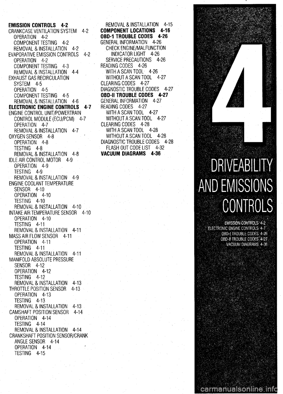 MITSUBISHI DIAMANTE 1900 Repair Manual EMISSION CONTROLS 4-2
CRANKCASEVENTILATIONSYSTEM 4-2
OPERATION 4-2
COMPONENTTESTING 4-2
REMOVAL &INSTALLATION 4-2
EVAPORATIVEEMISSIONCONTROLS 4-2
OPERATION 4-2
COMPONENTTESTING 4-3
REMOVAL&INS MITSUBISHI DIAMANTE 1900 Repair Manual EMISSION CONTROLS 4-2
CRANKCASEVENTILATIONSYSTEM 4-2
OPERATION 4-2
COMPONENTTESTING 4-2
REMOVAL &INSTALLATION 4-2
EVAPORATIVEEMISSIONCONTROLS 4-2
OPERATION 4-2
COMPONENTTESTING 4-3
REMOVAL&INS