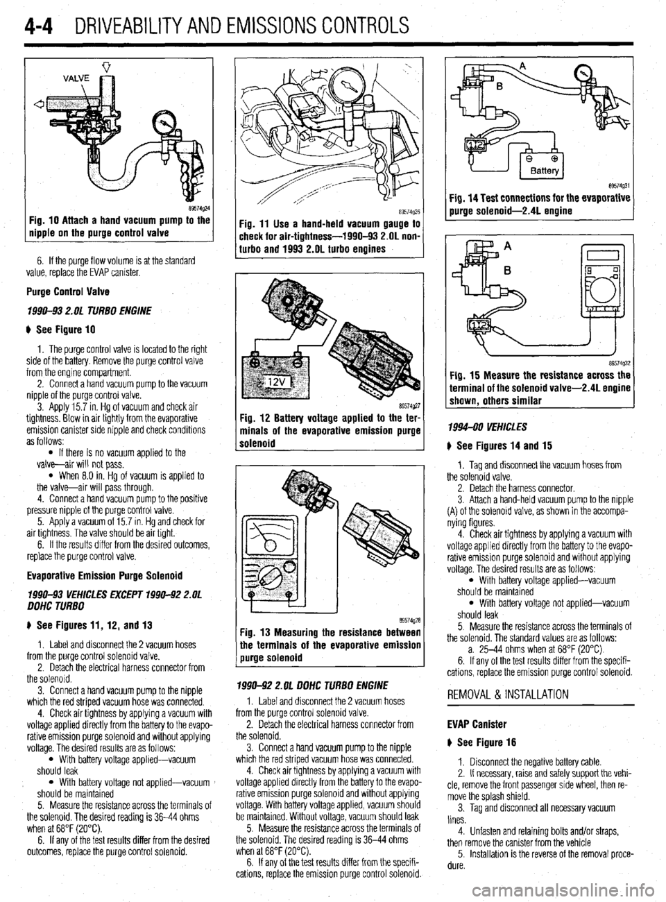 MITSUBISHI DIAMANTE 1900 Repair Manual 4-4 DRIVEABILITYAND EMISSIONS CONTROLS
Fig. 10 Attach a hand vacuum pump to the
Ripple on the purge control valve
6. If the purge flow volume is at the standard
value, replace the EVAP canister.
MITSUBISHI DIAMANTE 1900 Repair Manual 4-4 DRIVEABILITYAND EMISSIONS CONTROLS
Fig. 10 Attach a hand vacuum pump to the
Ripple on the purge control valve
6. If the purge flow volume is at the standard
value, replace the EVAP canister.