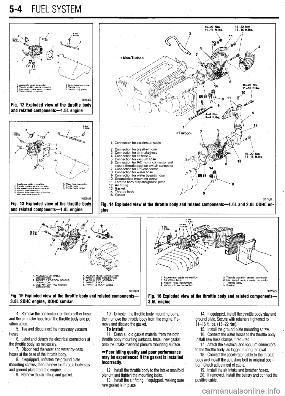 MITSUBISHI DIAMANTE 1900 Repair Manual 5-4 FUELSYSTEM
93155422 Fig. 12 Exploded view of the throttle body
and related components-l .5L engine
15-Z Nm
11-16 lt.lbs. 15-22 Nm 11-16 ft.lbr.
1. Connectnn for accelerator cable
2. Connecti MITSUBISHI DIAMANTE 1900 Repair Manual 5-4 FUELSYSTEM
93155422 Fig. 12 Exploded view of the throttle body
and related components-l .5L engine
15-Z Nm
11-16 lt.lbs. 15-22 Nm 11-16 ft.lbr.
1. Connectnn for accelerator cable
2. Connecti