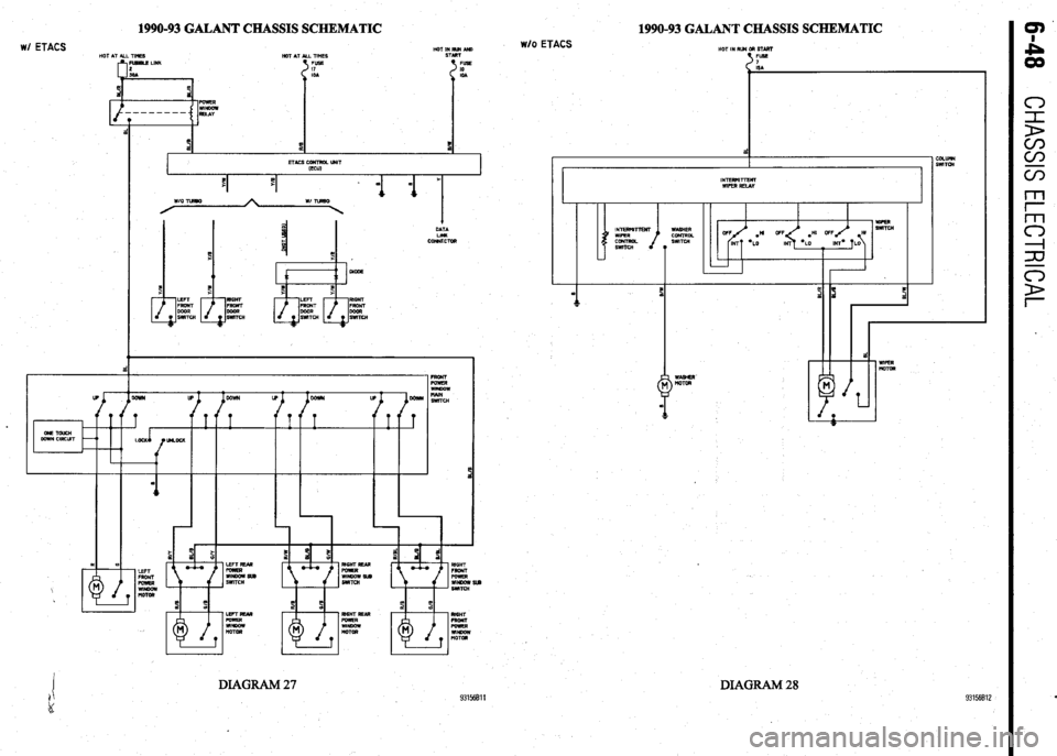 MITSUBISHI DIAMANTE 1900  Repair Manual 1990-93 GALANT CHASSIS SCHEMATIC w/ ETACS STAUT 
FUSS 
IO 
IOA 
I 
I ETACS CiWTROL kNiT 
(ECU) 
I 
* 
I DATA 
LIM 
COmECToA 
RAIN 
SWITCH 
w/o ETACS 1990-93 GALANT CHASSIS SCHEMATIC HOT IN RLIN OR STA