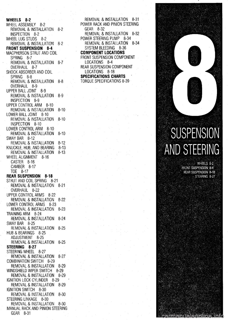 MITSUBISHI DIAMANTE 1900 Repair Manual WHEELS 8-2
WHEEL ASSEMBLY 8-2
REMOVAL & INSTALLATION 8-2
INSPECTION 8-2
WHEELLUG STUDS 8-2
REMOVAL & INSTALLATION 8-2
FRONT SUSPENSION 8-4
MACPHERSONSTRUTAND COIL
SPRING 8-7
REMOVAL & INSTALL MITSUBISHI DIAMANTE 1900 Repair Manual WHEELS 8-2
WHEEL ASSEMBLY 8-2
REMOVAL & INSTALLATION 8-2
INSPECTION 8-2
WHEELLUG STUDS 8-2
REMOVAL & INSTALLATION 8-2
FRONT SUSPENSION 8-4
MACPHERSONSTRUTAND COIL
SPRING 8-7
REMOVAL & INSTALL