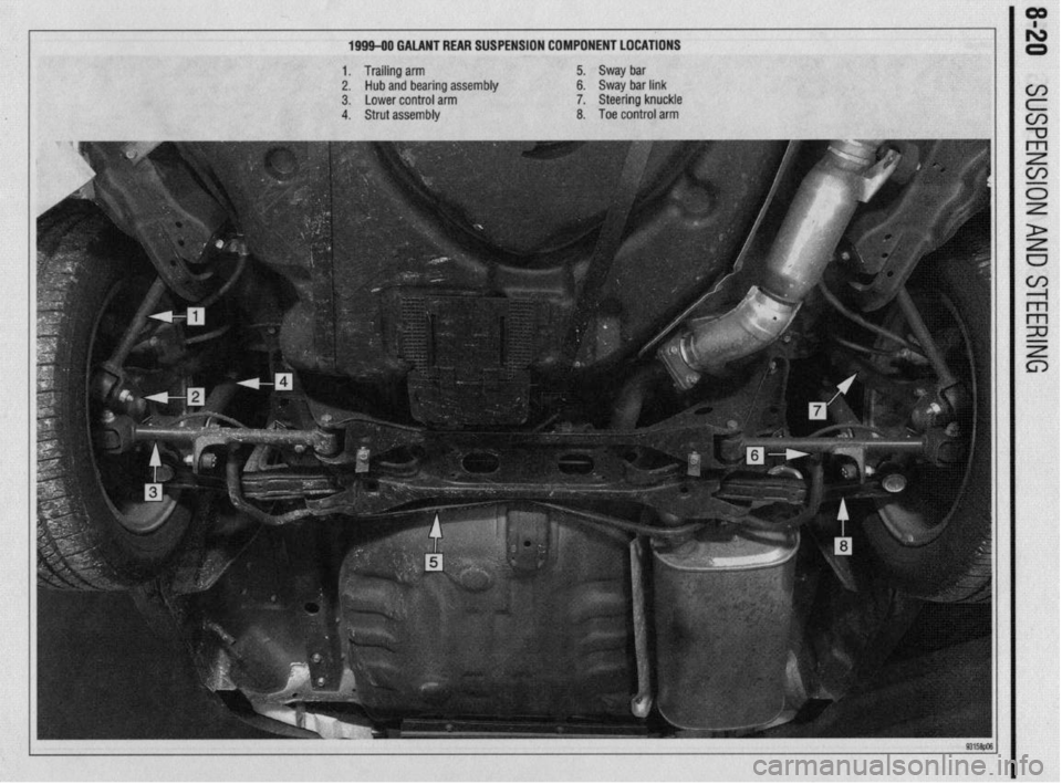 MITSUBISHI DIAMANTE 1900  Repair Manual 199940 GALANT REAR SUSPENSION COMPONENT LOCATIONS 
1. Trailing arm 
5. 
Sway bar 
2. 
Hub and bearing assembly 6. Sway bar link 
3. Lower control arm 
7. 
Steering knuckle 
4. Strut assembly 
8. 
Toe 