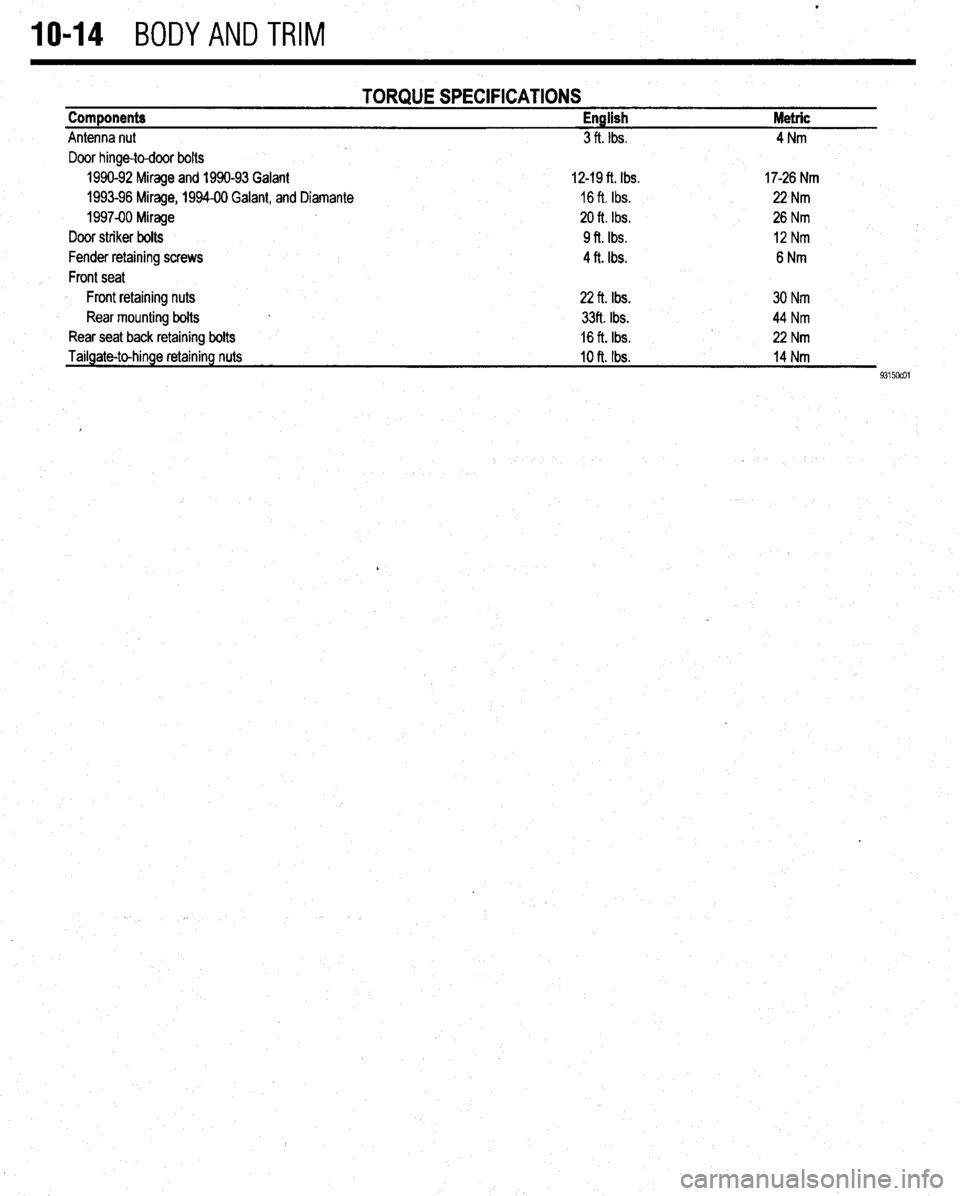 MITSUBISHI DIAMANTE 1900  Repair Manual . 
IO-14 BODYANDTRIM 
TORQUE SPECIFICATIONS Components English Metric 
Antenna nut 3 ft. Ibs. 4Nm 
Door hinge-to-door bolts 
1990-92 Mirage and 1990-93 Galant 12-19 ft. Ibs. 17-26 Nm 
1993-96 Mirage, 