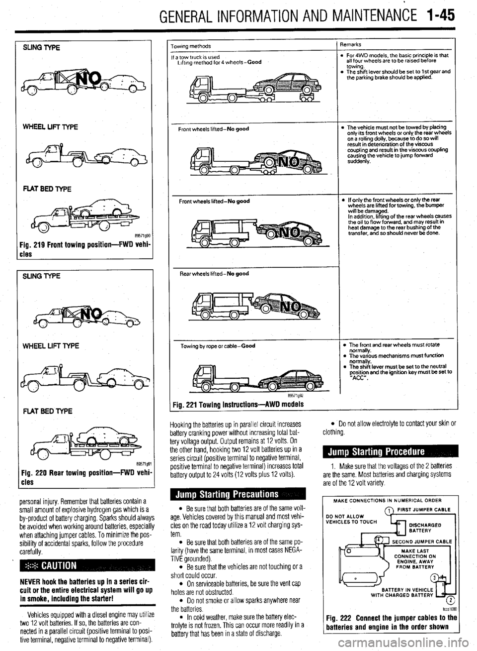 MITSUBISHI DIAMANTE 1900 Repair Manual GENERALINFORMATIONAND MAINTENANCE 1-45
SLING TYPE
WHEEL LIFT TYPE
cles
SUNG TYPE
WHEEL LIFT TYPE
FLAT BED TYPE
Fig. 220 Rear towing position-FWD vehi
cles
personal injury. Remember that batte MITSUBISHI DIAMANTE 1900 Repair Manual GENERALINFORMATIONAND MAINTENANCE 1-45
SLING TYPE
WHEEL LIFT TYPE
cles
SUNG TYPE
WHEEL LIFT TYPE
FLAT BED TYPE
Fig. 220 Rear towing position-FWD vehi
cles
personal injury. Remember that batte
