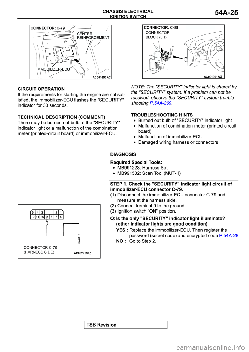 MITSUBISHI ECLIPSE 2003  Service Repair Manual AC001652
AC
IMMOBILIZER-ECU
CENTER
REINFORCEMENT
CONNECTOR: C-79
AC001991AG
CONNECTOR: C-89
CONNECTOR
BLOCK (LH)
AC002739
CONNECTOR C-79
(HARNESS SIDE)
AC 