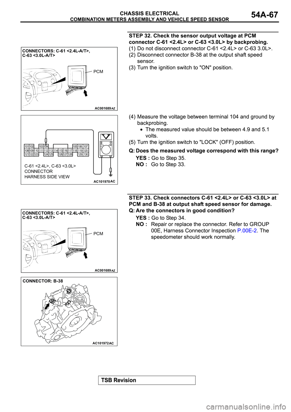 MITSUBISHI ECLIPSE 2003  Service Repair Manual AC001689
CONNECTORS: C-61 <2.4L-A/T>,
C-63 <3.0L-A/T>        
AZ
PCM
AC101970
101
121 108102
122 109 110
123103
111104
112
124113
125114 115
126 127117 116
128105
118106 107
119
129120
130
AC
C-61 <2.