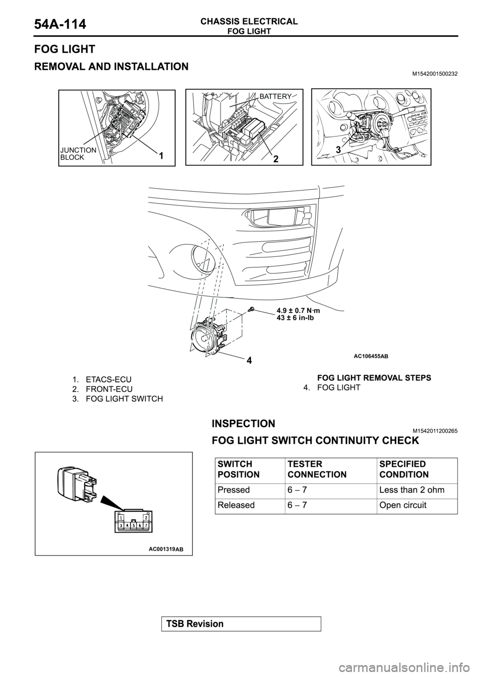 MITSUBISHI ECLIPSE 2003  Service Repair Manual AC106455
BATTERY
JUNCTION 
BLOCK
4 1
23AB
4.9 ± 0.7 Nꞏm
43 ± 6 in-lb
AC001319AB 
