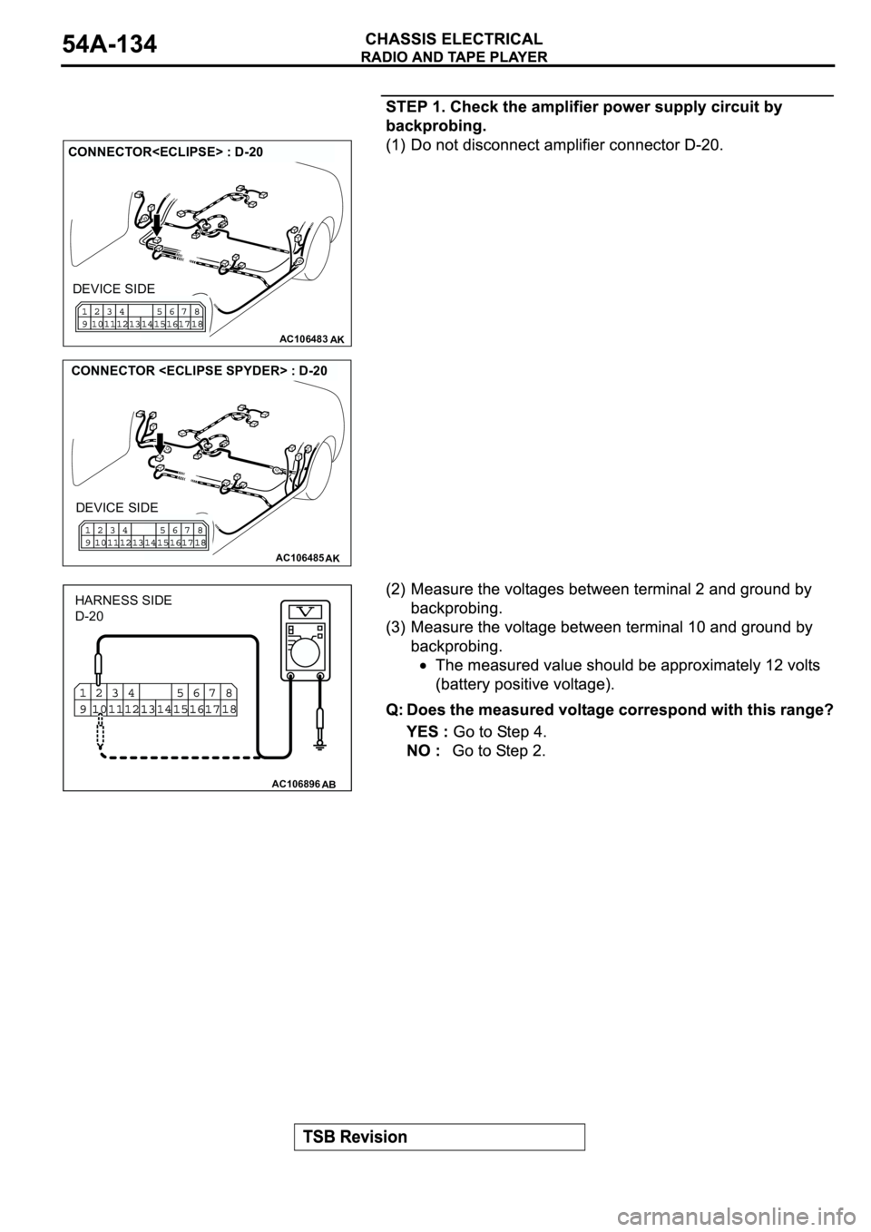 MITSUBISHI ECLIPSE 2003  Service Repair Manual AC106483AK
CONNECTOR<ECLIPSE> : D-20
DEVICE SIDE
AC106485AK
CONNECTOR <ECLIPSE SPYDER> : D-20
DEVICE SIDE
AC106896AB
HARNESS SIDE
D-20 