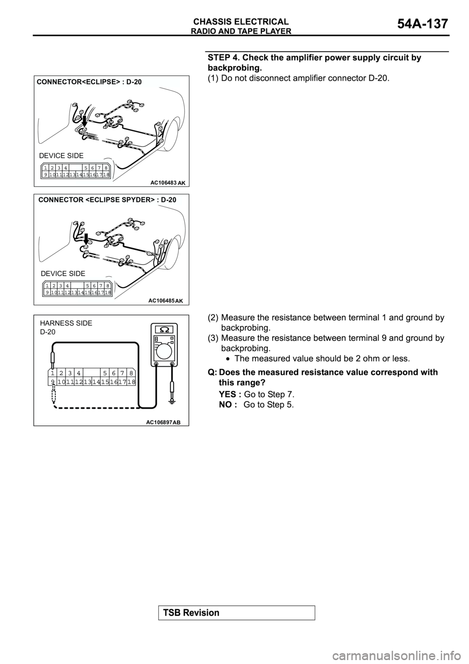 MITSUBISHI ECLIPSE 2003  Service Repair Manual AC106483AK
CONNECTOR<ECLIPSE> : D-20
DEVICE SIDE
AC106485AK
CONNECTOR <ECLIPSE SPYDER> : D-20
DEVICE SIDE
AC106897AB
HARNESS SIDE
D-20 
