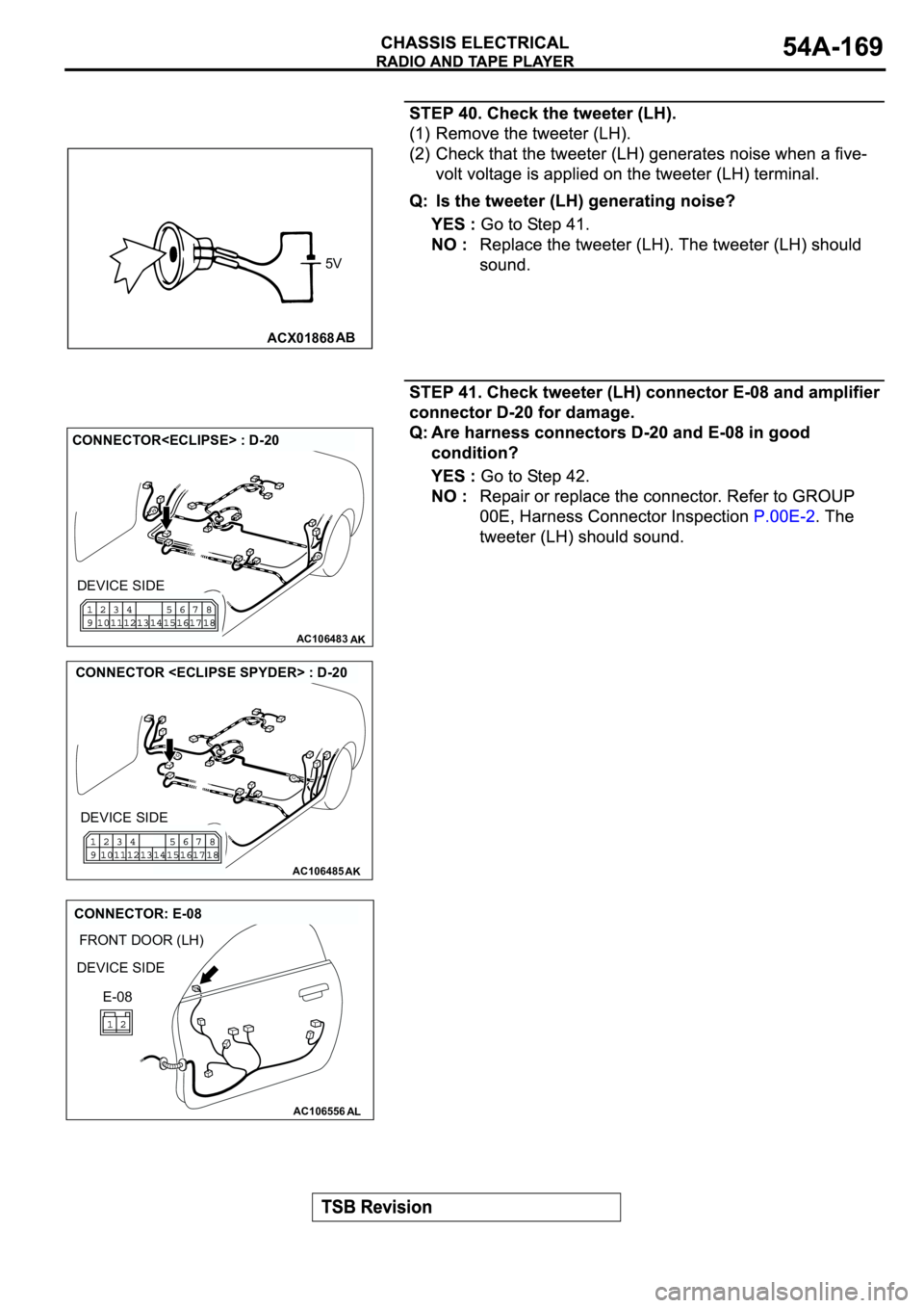 MITSUBISHI ECLIPSE 2003  Service Repair Manual ACX01868AB
5V
AC106483AK
CONNECTOR<ECLIPSE> : D-20
DEVICE SIDE
AC106485AK
CONNECTOR <ECLIPSE SPYDER> : D-20
DEVICE SIDE
AC106556
FRONT DOOR (LH)
AL
CONNECTOR: E-08
DEVICE SIDE
E-08 