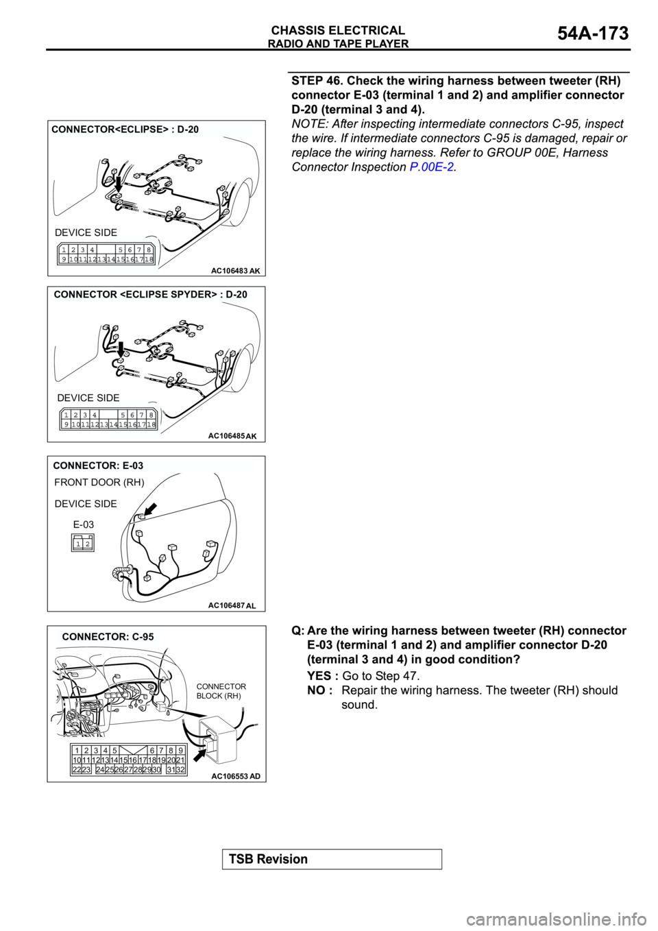 MITSUBISHI ECLIPSE 2003  Service Repair Manual AC106483AK
CONNECTOR<ECLIPSE> : D-20
DEVICE SIDE
AC106485AK
CONNECTOR <ECLIPSE SPYDER> : D-20
DEVICE SIDE
AC106487
FRONT DOOR (RH)
AL
CONNECTOR: E-03
DEVICE SIDE
E-03
AC106553AD
CONNECTOR: C-95
1
10
2