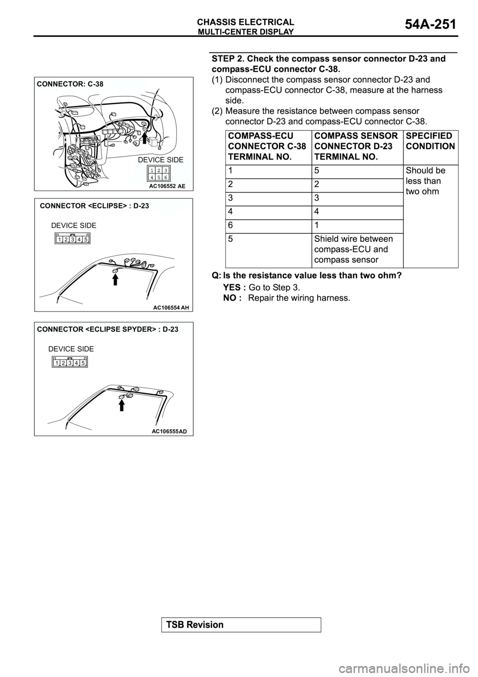 MITSUBISHI ECLIPSE 2003  Service Repair Manual AC106552AE
CONNECTOR: C-38
DEVICE SIDE
AC106554AH
CONNECTOR <ECLIPSE> : D-23
DEVICE SIDE
4 35 12
AC106555AD
CONNECTOR <ECLIPSE SPYDER> : D-23
DEVICE SIDE
4 35 12 