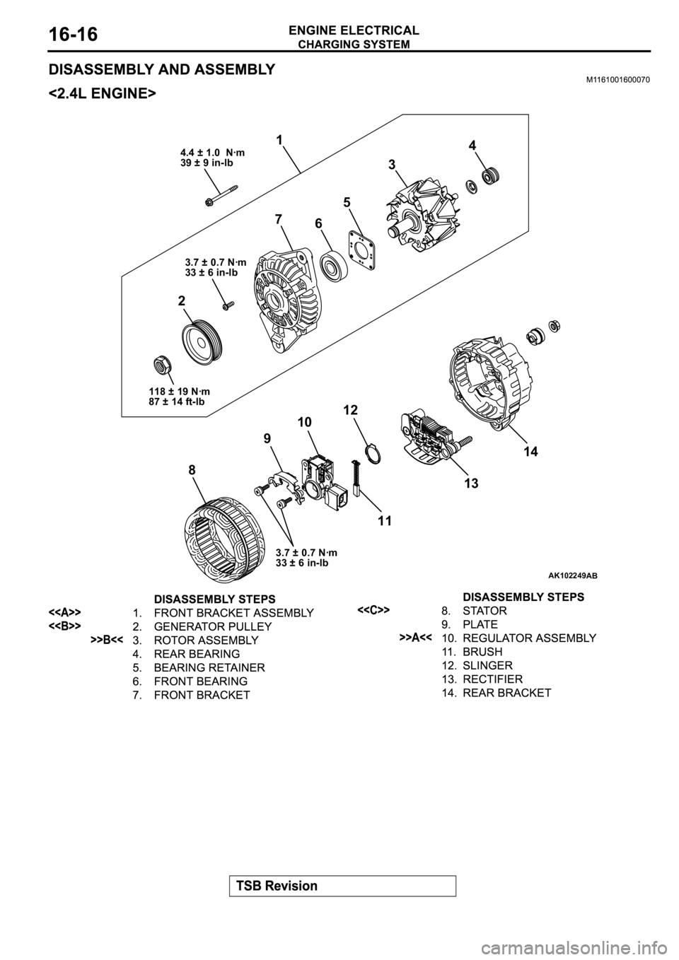 MITSUBISHI ECLIPSE 2003  Service Repair Manual AK102249
1
27
6534
891012
1314
11
4.4 ± 1.0  Nꞏm
39 ± 9 in-lb
3.7 ± 0.7 Nꞏm
33 ± 6 in-lb
3.7 ± 0.7 Nꞏm
33 ± 6 in-lb
AB
118 ± 19 Nꞏm
87 ± 14 ft-lb 