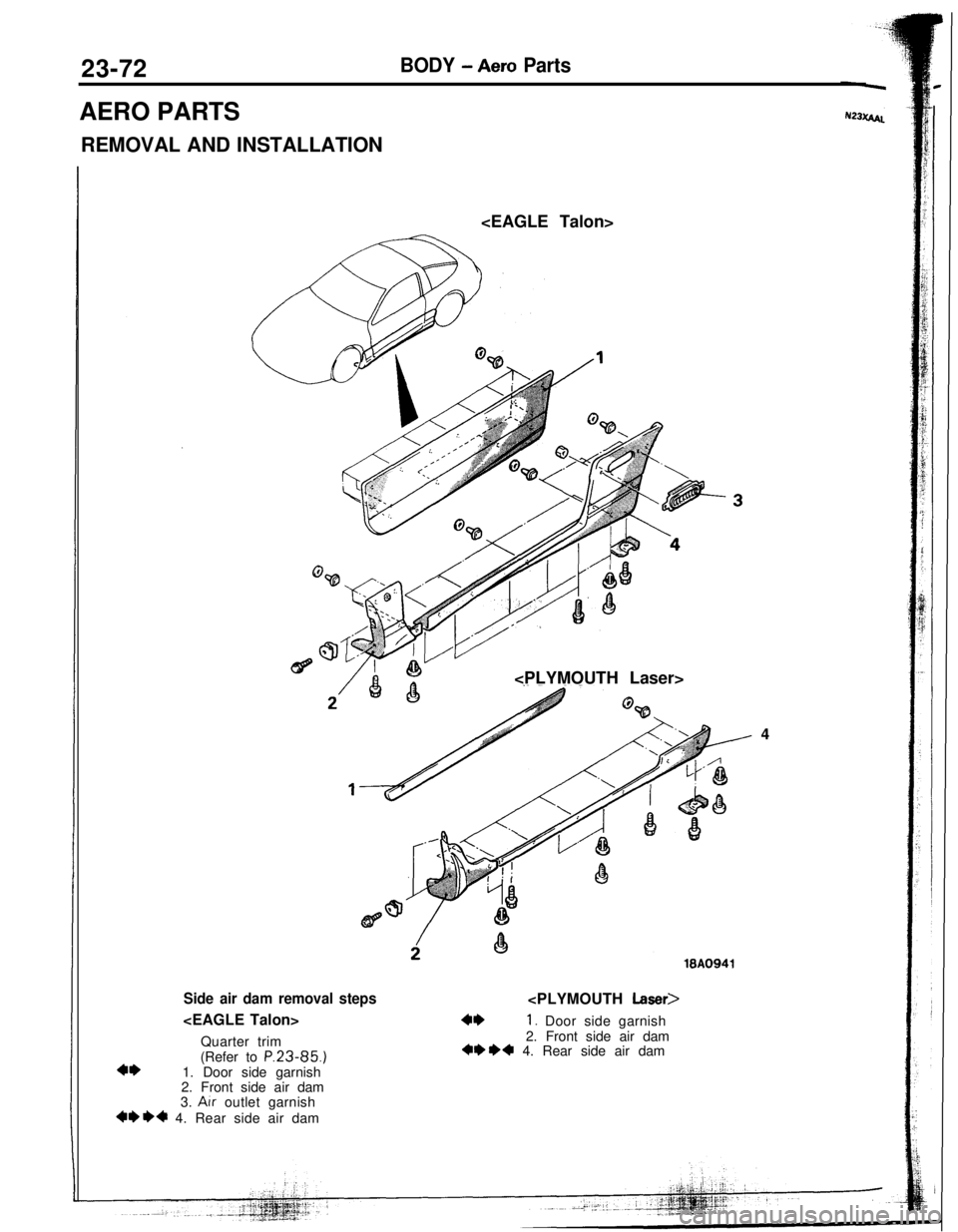 MITSUBISHI ECLIPSE 1993  Workshop Manual 23-72BODY - Aero PartsAERO PARTS
REMOVAL AND INSTALLATION
<EAGLE Talon>
<PLYMOUTH Laser>
Side air dam removal steps<EAGLE Talon>
Quarter trim
4*(Refer to P.23-85.)1. Door side garnish
2. Front side ai