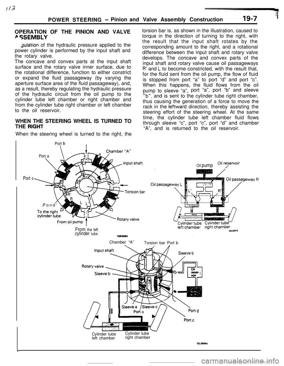 MITSUBISHI ECLIPSE 1990 Service Manual :POWER STEERING
- Pinion and Valve Assembly Construction19-7 ’fOPERATION OF THE PINION AND VALVE
fi %EMBLYdulation of the hydraulic pressure applied to the
power cylinder is performed by the input s MITSUBISHI ECLIPSE 1990 Service Manual :POWER STEERING
- Pinion and Valve Assembly Construction19-7 ’fOPERATION OF THE PINION AND VALVE
fi %EMBLYdulation of the hydraulic pressure applied to the
power cylinder is performed by the input s