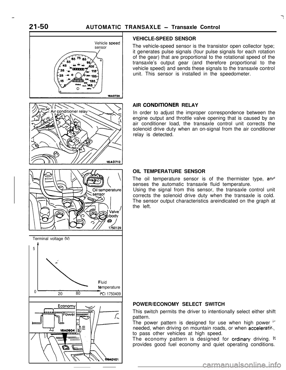 MITSUBISHI ECLIPSE 1990 Service Manual 21-50AUTOMATIC TRANSAXLE - Transaxle Control
Vehicle
sensorspeedTerminal voltage
(VI
1
5
\*Fluidtemperature
02080PCI 1750409VEHICLE-SPEED SENSOR
The vehicle-speed sensor is the transistor open collec MITSUBISHI ECLIPSE 1990 Service Manual 21-50AUTOMATIC TRANSAXLE - Transaxle Control
Vehicle
sensorspeedTerminal voltage
(VI
1
5
\*Fluidtemperature
02080PCI 1750409VEHICLE-SPEED SENSOR
The vehicle-speed sensor is the transistor open collec