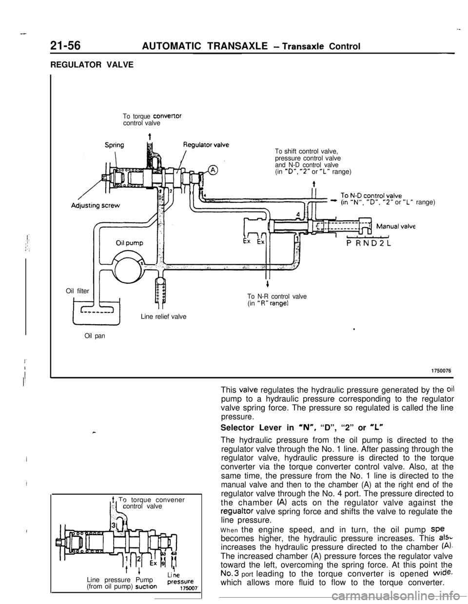 MITSUBISHI ECLIPSE 1990 Service Manual -
!-I
I!I
21-56AUTOMATIC TRANSAXLE - Transaxle Control~-REGULATOR VALVE
To torque convener
control valve
t
Toshift control valve,
pressure control valve
and N-D control valve(in “D”. ”2” or MITSUBISHI ECLIPSE 1990 Service Manual -
!-I
I!I
21-56AUTOMATIC TRANSAXLE - Transaxle Control~-REGULATOR VALVE
To torque convener
control valve
t
Toshift control valve,
pressure control valve
and N-D control valve(in “D”. ”2” or