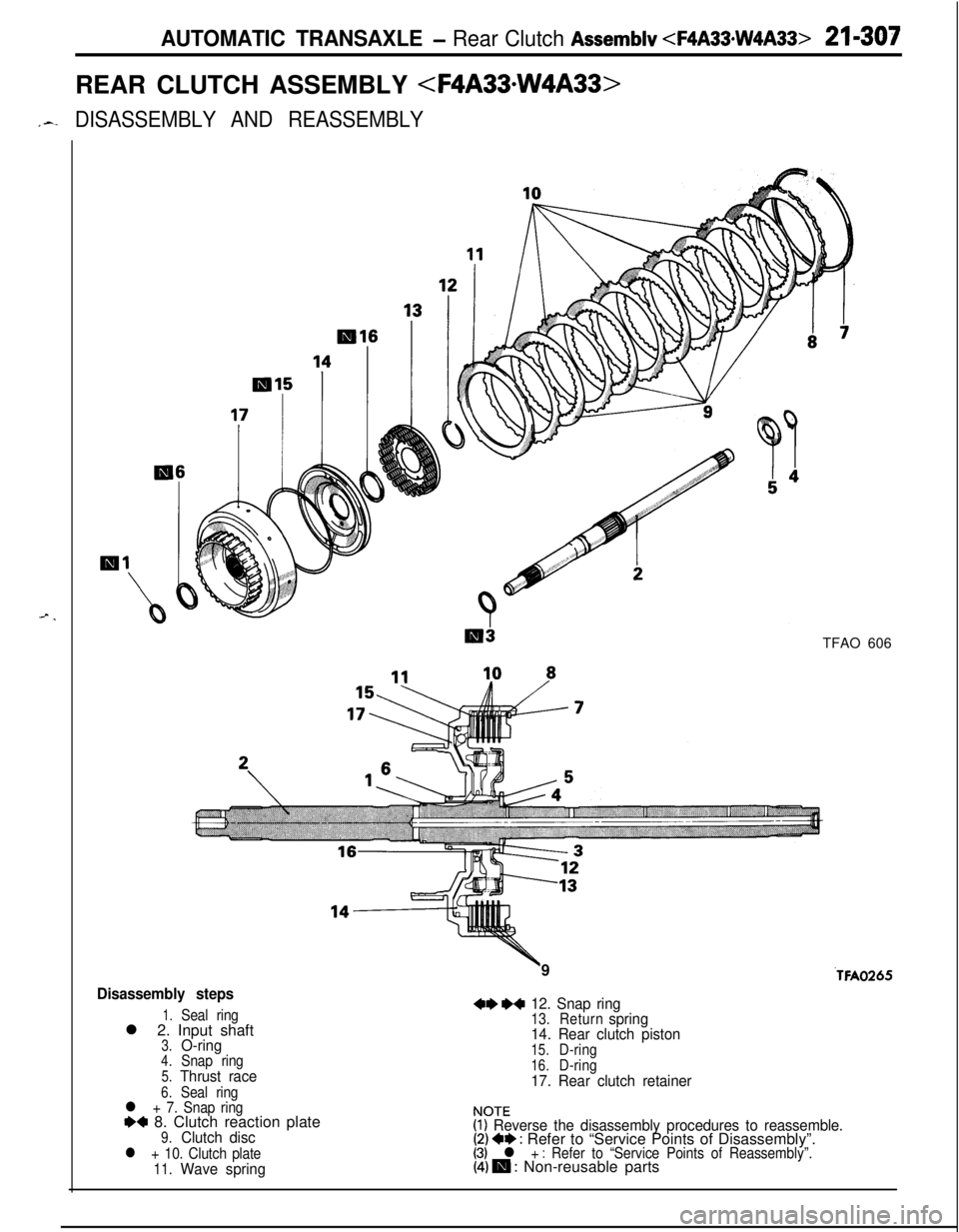 MITSUBISHI ECLIPSE 1991  Service Manual AUTOMATIC TRANSAXLE - Rear Clutch Assemblv <FQA33*W4A33> 21-307REAR CLUTCH ASSEMBLY <F4A33*W4A33>
,A-DISASSEMBLY AND REASSEMBLY
--.TFAO 606
Disassembly steps
1.Seal ringl 2. Input shaft
3.O-ring4.Snap