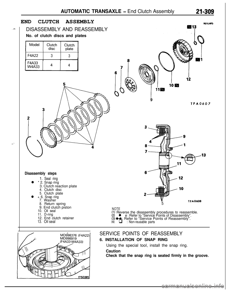 MITSUBISHI ECLIPSE 1991  Service Manual .-
AUTOMATIC TRANSAXLE - End Clutch Assembly21-309END CLUTCH ASSEMBLY
NZIIJWD
F4A2233
DISASSEMBLY AND REASSEMBLYNo. of clutch discs and plates
Disassembly steps
1.Seal ring
l * 2. Snap ring3. Clutch r