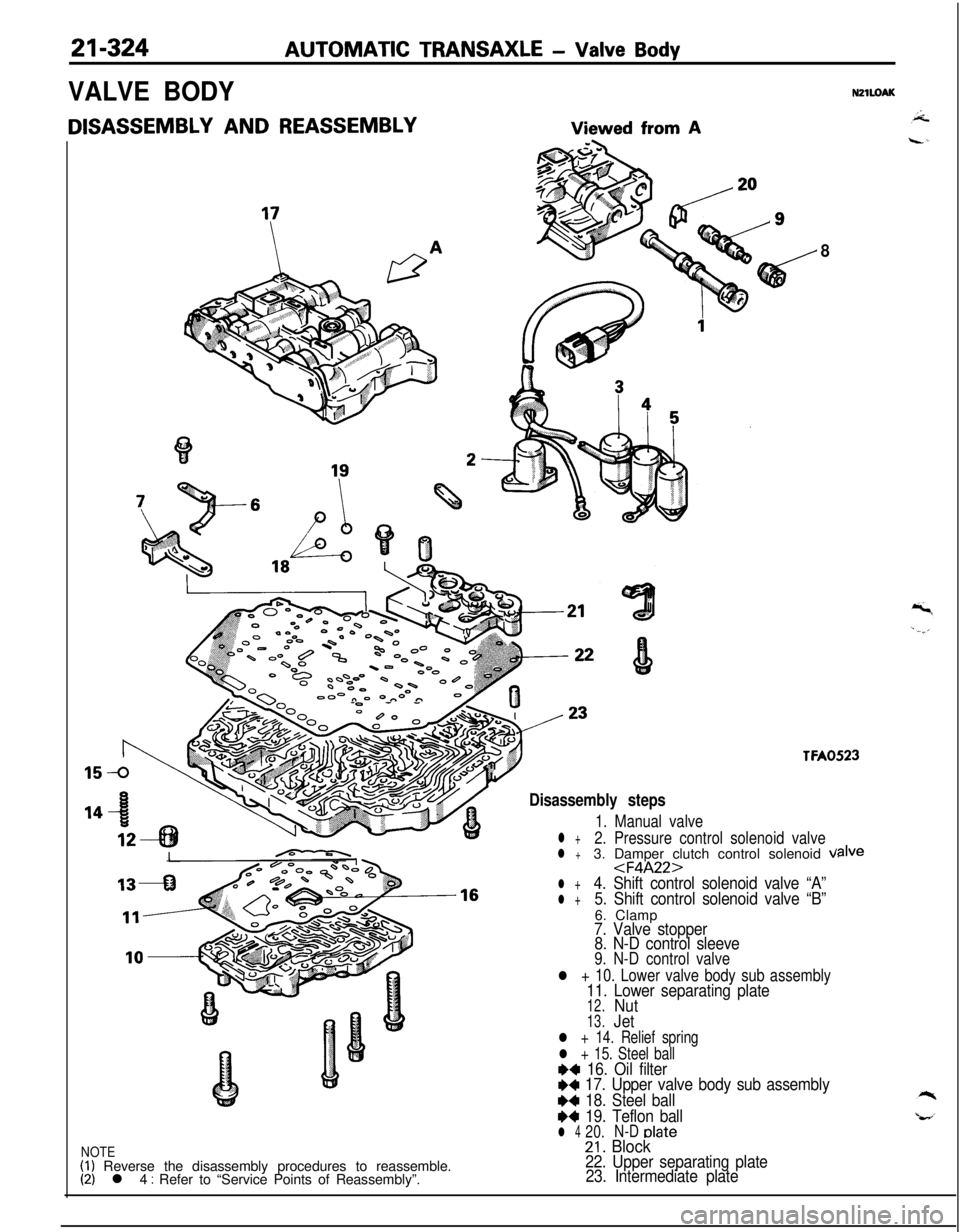 MITSUBISHI ECLIPSE 1991  Service Manual 21-324AUTOMATIC TRANSAXLE - Valve Body
VALVE BODY
DISASSEMBLY AND REASSEMBLYViewed from A
NZlLOAK
-0 - -
8
TFA0523
Disassembly steps
1. Manual valve
l +2. Pressure control solenoid valvel +3. Damper c