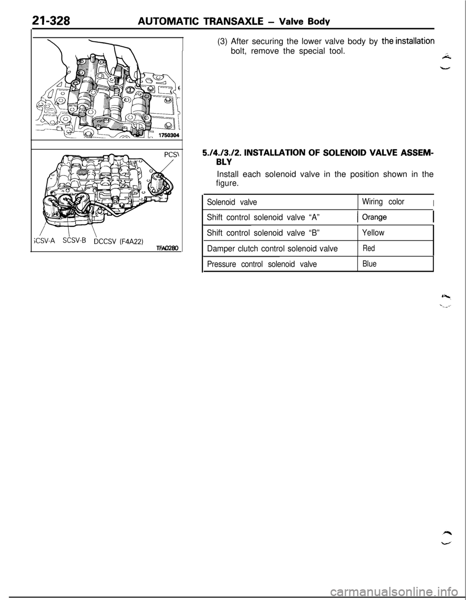 MITSUBISHI ECLIPSE 1991  Service Manual 21-328AUTOMATIC TRANSAXLE - Valve Bodv
XSV-ASkV-Brj,,SV (FJA22)TFAM80(3) After securing the lower valve body by 
the installationbolt, remove the special tool.
Sk
5./4./3./2. INSTALLATION OF SOLENOID 