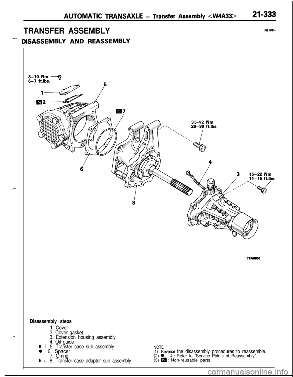 MITSUBISHI ECLIPSE 1991  Service Manual AUTOMATIC TRANSAXLE - Transfer Assembly <W4A33>
TRANSFER ASSEMBLY
- DISASSEMBLY AND REASSEMBLY
21-333
NElVE-35-42 
Nm26-30 ft.lbs.
TFAO601
Disassembly steps
1. Cover
2. Cover gasket
3. Extension housi
