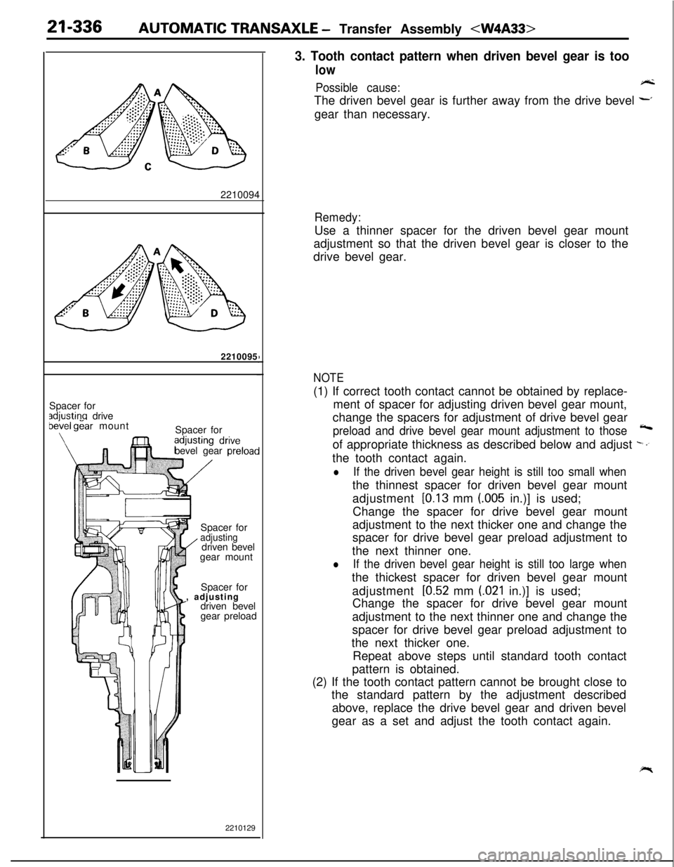 MITSUBISHI ECLIPSE 1991 Service Manual 21-336AUTOMATIC TRANSAXLE - Transfer Assembly <W4A33>2210094
2210095
Spacer for
adiustina drivebekel gear mount
\Spacer for
bevel gear preloacSpacer for
adjusting/ driven bevel
gear mount
Spacer for
, MITSUBISHI ECLIPSE 1991 Service Manual 21-336AUTOMATIC TRANSAXLE - Transfer Assembly <W4A33>2210094
2210095
Spacer for
adiustina drivebekel gear mount
\Spacer for
bevel gear preloacSpacer for
adjusting/ driven bevel
gear mount
Spacer for
,